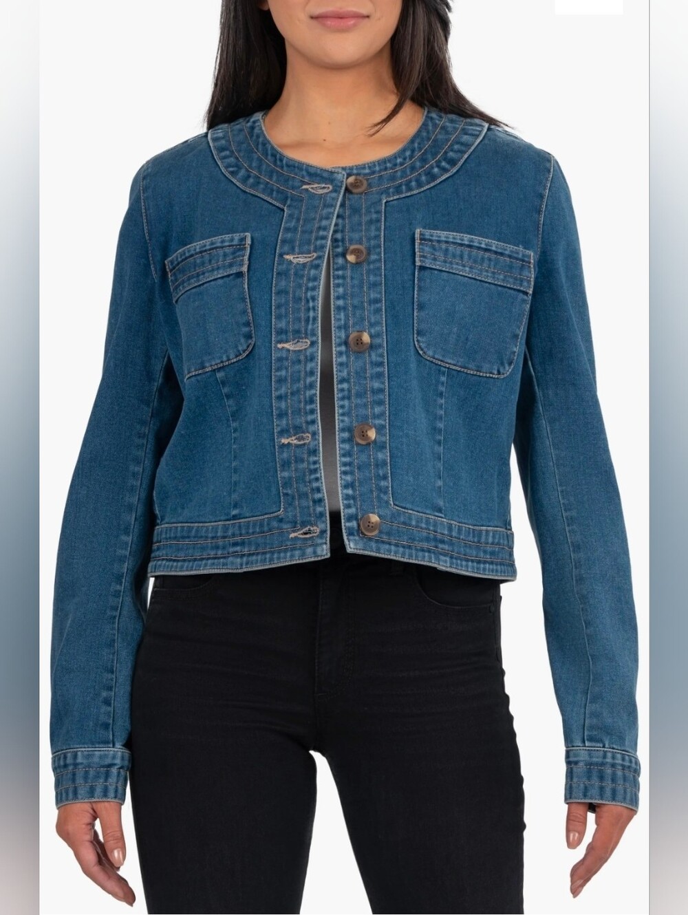 KUT FROM THE KLOTH Lorelai Denim Jacket Cropped Boxy Patch Pockets Large